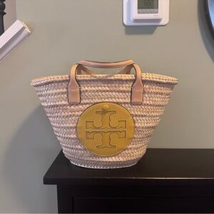 Tory Burch Beige and Yellow Woven Tote Basket Bag